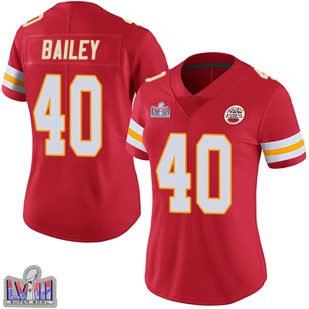 Women's Kansas City Chiefs Emani Bailey Nike Team Color Vapor Untouchable Super Bowl LVIII Patch Limited Red Jersey Women's Kansas City Chiefs Emani Bailey Nike Team Color Vapor Untouchable Super Bowl LVIII Patch Limited Red Jersey