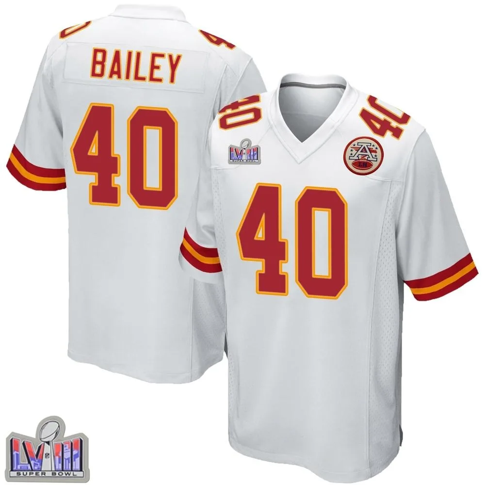 Youth Kansas City Chiefs Emani Bailey Nike Super Bowl LVIII Patch Game White Jersey Youth Kansas City Chiefs Emani Bailey Nike Super Bowl LVIII Patch Game White Jersey