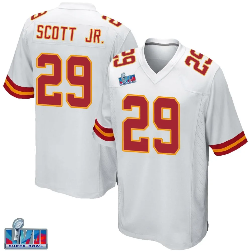 Men's Kansas City Chiefs Eric Scott Jr. Nike Super Bowl LVII Patch Game White Jersey Men's Kansas City Chiefs Eric Scott Jr. Nike Super Bowl LVII Patch Game White Jersey