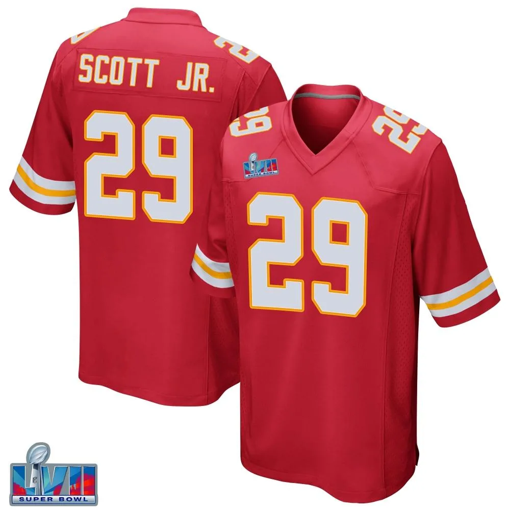 Men's Kansas City Chiefs Eric Scott Jr. Nike Team Color Super Bowl LVII Patch Game Red Jersey Men's Kansas City Chiefs Eric Scott Jr. Nike Team Color Super Bowl LVII Patch Game Red Jersey