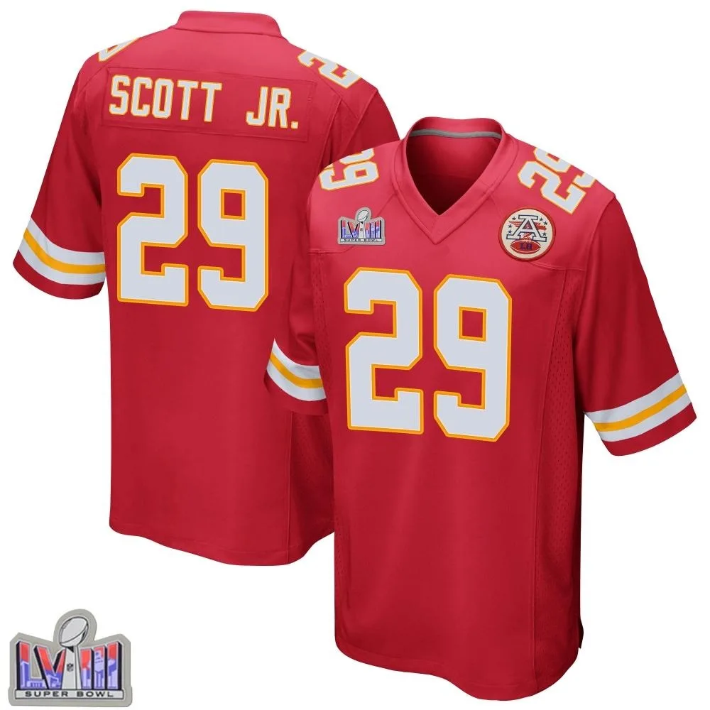 Men's Kansas City Chiefs Eric Scott Jr. Nike Team Color Super Bowl LVIII Patch Game Red Jersey Men's Kansas City Chiefs Eric Scott Jr. Nike Team Color Super Bowl LVIII Patch Game Red Jersey
