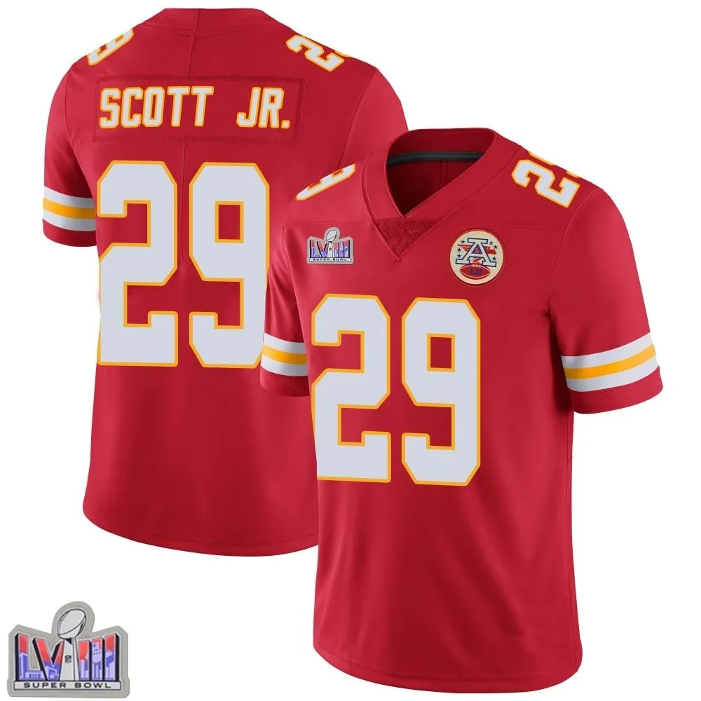 Men's Kansas City Chiefs Eric Scott Jr. Nike Team Color Vapor Untouchable Super Bowl LVIII Patch Limited Red Jersey Men's Kansas City Chiefs Eric Scott Jr. Nike Team Color Vapor Untouchable Super Bowl LVIII Patch Limited Red Jersey