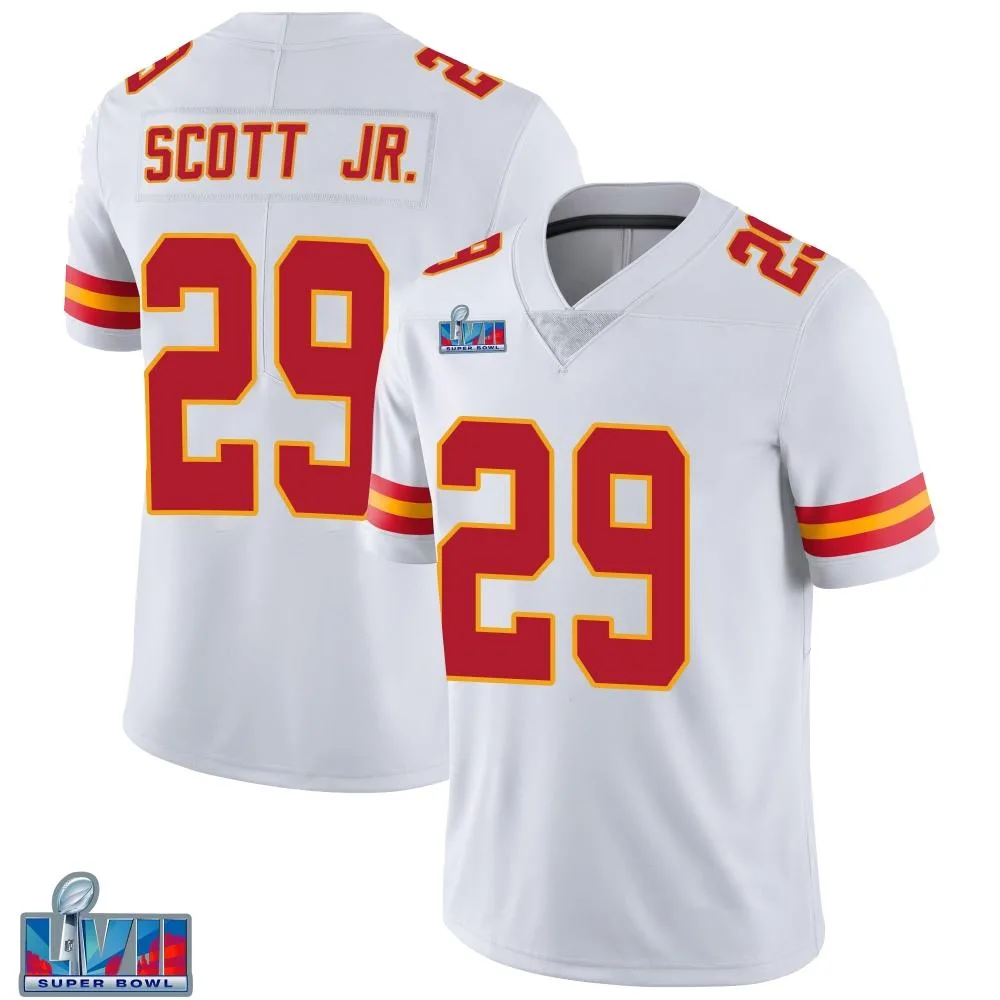 Men's Kansas City Chiefs Eric Scott Jr. Nike Vapor Untouchable Super Bowl LVII Patch Limited White Jersey Men's Kansas City Chiefs Eric Scott Jr. Nike Vapor Untouchable Super Bowl LVII Patch Limited White Jersey