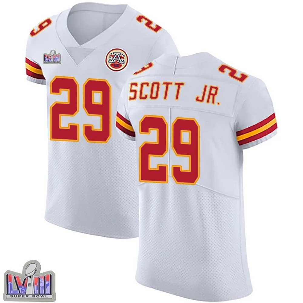 Men's Kansas City Chiefs Eric Scott Jr. Nike Vapor Untouchable Super Bowl LVIII Patch Elite White Jersey Men's Kansas City Chiefs Eric Scott Jr. Nike Vapor Untouchable Super Bowl LVIII Patch Elite White Jersey