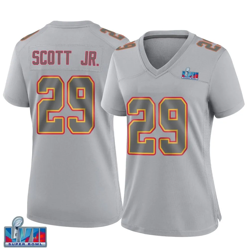 Women's Kansas City Chiefs Eric Scott Jr. Nike Atmosphere Fashion Super Bowl LVII Patch Game Gray Jersey Women's Kansas City Chiefs Eric Scott Jr. Nike Atmosphere Fashion Super Bowl LVII Patch Game Gray Jersey