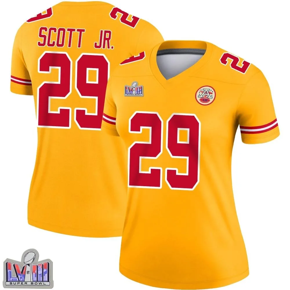 Women's Kansas City Chiefs Eric Scott Jr. Nike Inverted Super Bowl LVIII Patch Legend Gold Jersey Women's Kansas City Chiefs Eric Scott Jr. Nike Inverted Super Bowl LVIII Patch Legend Gold Jersey