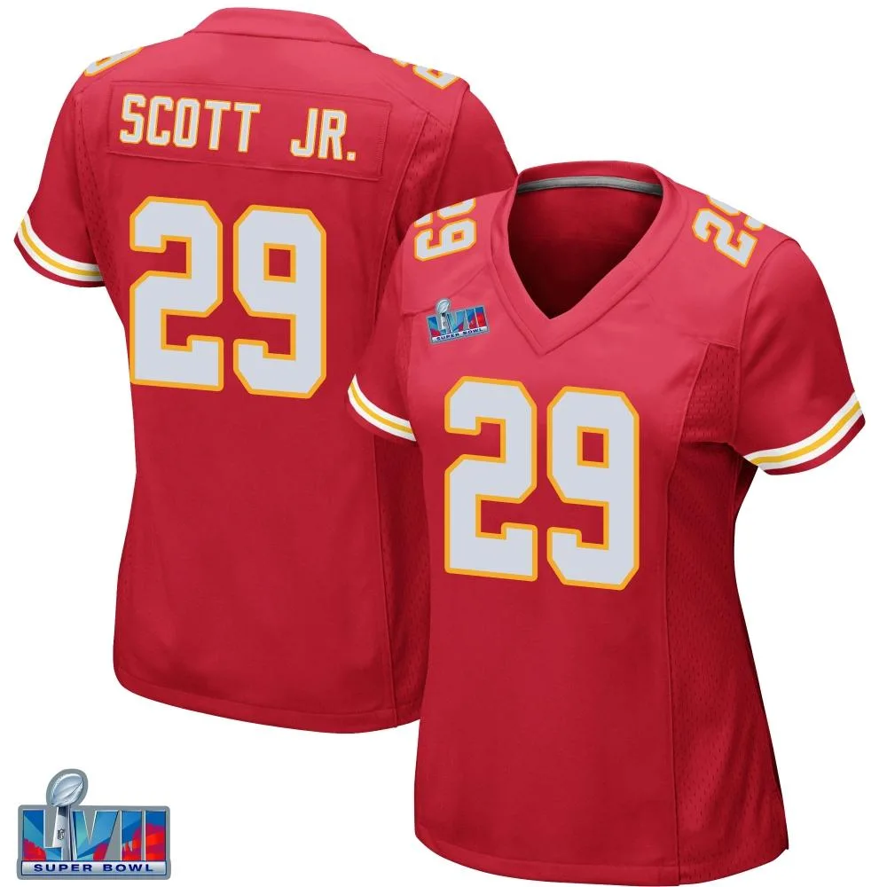 Women's Kansas City Chiefs Eric Scott Jr. Nike Team Color Super Bowl LVII Patch Game Red Jersey Women's Kansas City Chiefs Eric Scott Jr. Nike Team Color Super Bowl LVII Patch Game Red Jersey