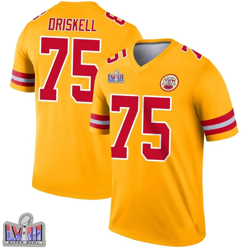 Men's Kansas City Chiefs Ethan Driskell Nike Inverted Super Bowl LVIII Patch Legend Gold Jersey Men's Kansas City Chiefs Ethan Driskell Nike Inverted Super Bowl LVIII Patch Legend Gold Jersey