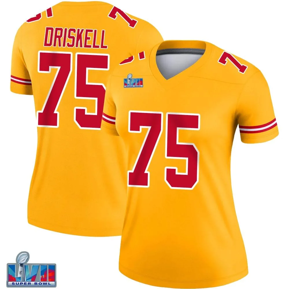Women's Kansas City Chiefs Ethan Driskell Nike Inverted Super Bowl LVII Patch Legend Gold Jersey Women's Kansas City Chiefs Ethan Driskell Nike Inverted Super Bowl LVII Patch Legend Gold Jersey