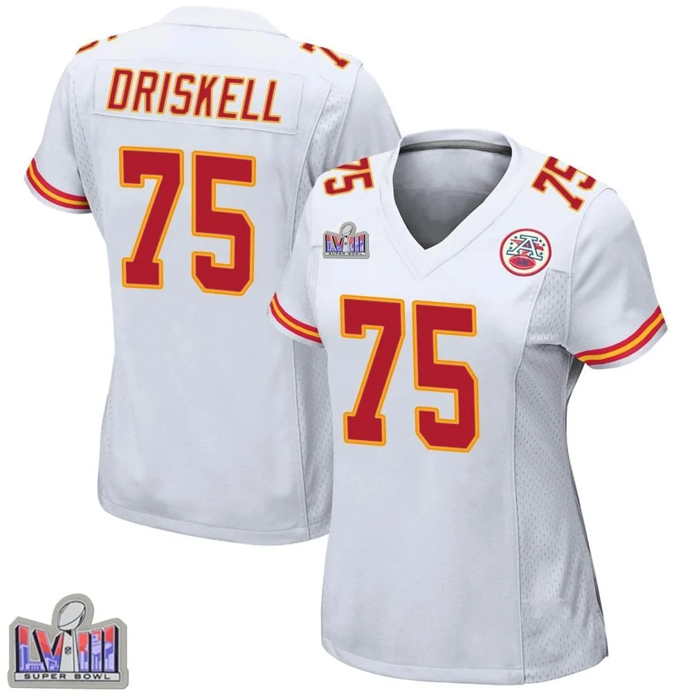 Women's Kansas City Chiefs Ethan Driskell Nike Super Bowl LVIII Patch Game White Jersey Women's Kansas City Chiefs Ethan Driskell Nike Super Bowl LVIII Patch Game White Jersey