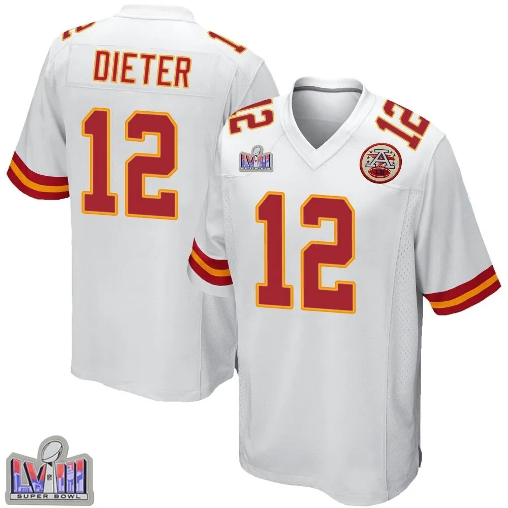 Men's Kansas City Chiefs Gehrig Dieter Nike Super Bowl LVIII Patch Game White Jersey Men's Kansas City Chiefs Gehrig Dieter Nike Super Bowl LVIII Patch Game White Jersey