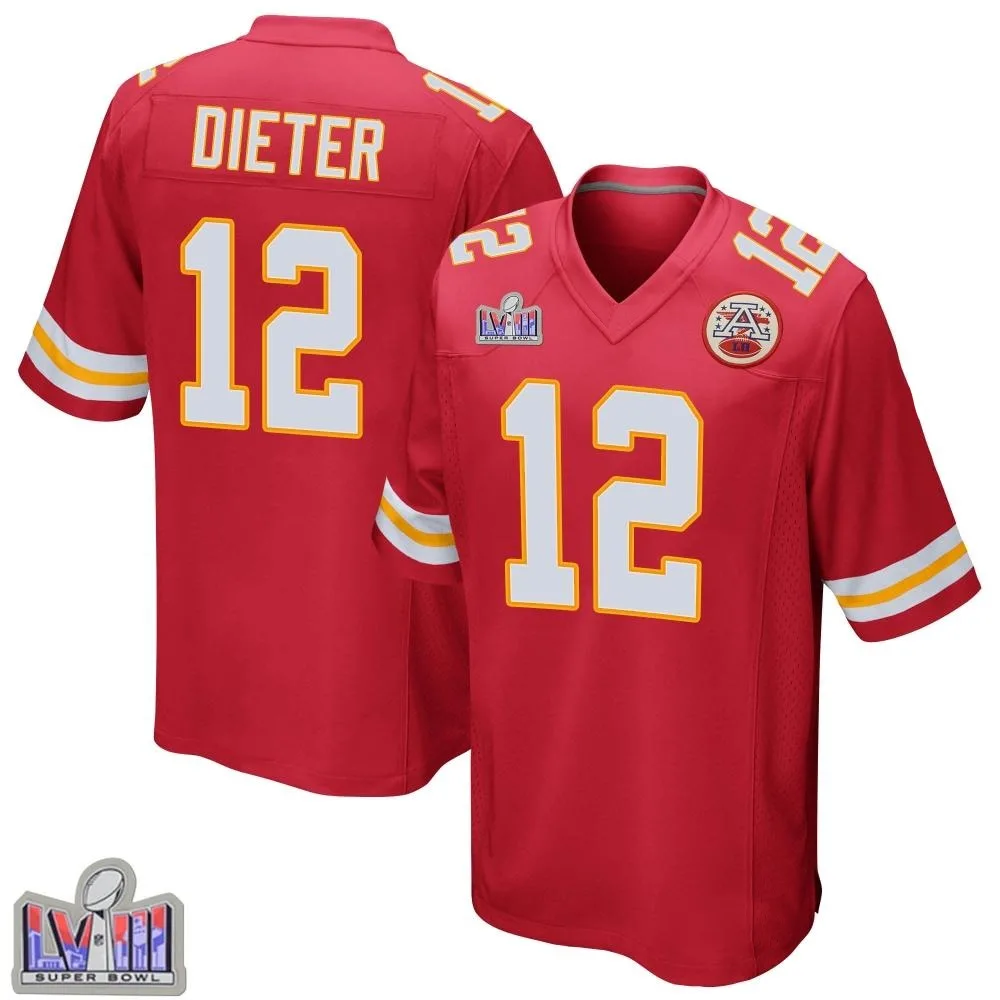 Men's Kansas City Chiefs Gehrig Dieter Nike Team Color Super Bowl LVIII Patch Game Red Jersey Men's Kansas City Chiefs Gehrig Dieter Nike Team Color Super Bowl LVIII Patch Game Red Jersey