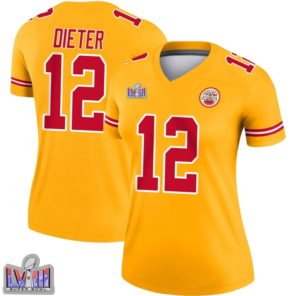 Women's Kansas City Chiefs Gehrig Dieter Nike Inverted Super Bowl LVIII Patch Legend Gold Jersey Women's Kansas City Chiefs Gehrig Dieter Nike Inverted Super Bowl LVIII Patch Legend Gold Jersey