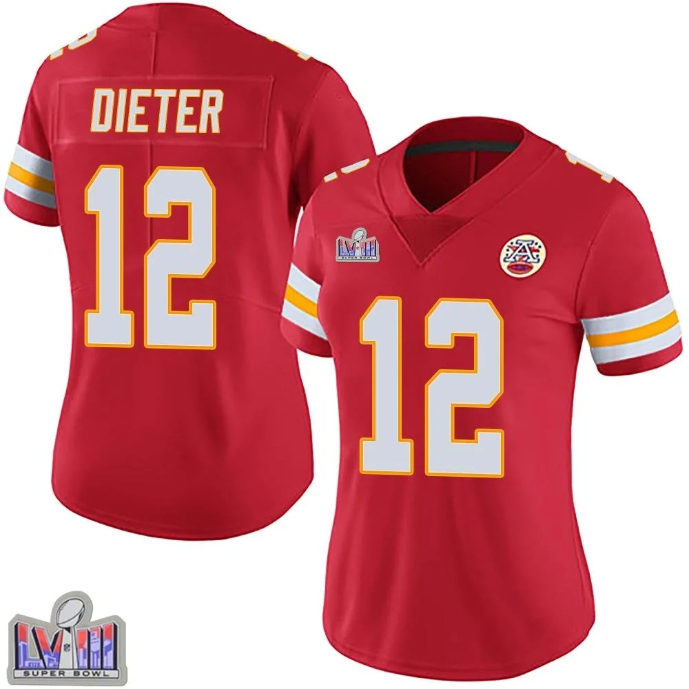 Women's Kansas City Chiefs Gehrig Dieter Nike Team Color Vapor Untouchable Super Bowl LVIII Patch Limited Red Jersey Women's Kansas City Chiefs Gehrig Dieter Nike Team Color Vapor Untouchable Super Bowl LVIII Patch Limited Red Jersey