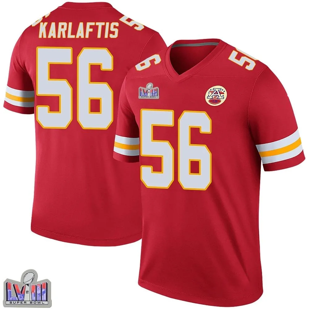 Men's Kansas City Chiefs George Karlaftis Nike Color Rush Super Bowl LVIII Patch Legend Red Jersey Men's Kansas City Chiefs George Karlaftis Nike Color Rush Super Bowl LVIII Patch Legend Red Jersey