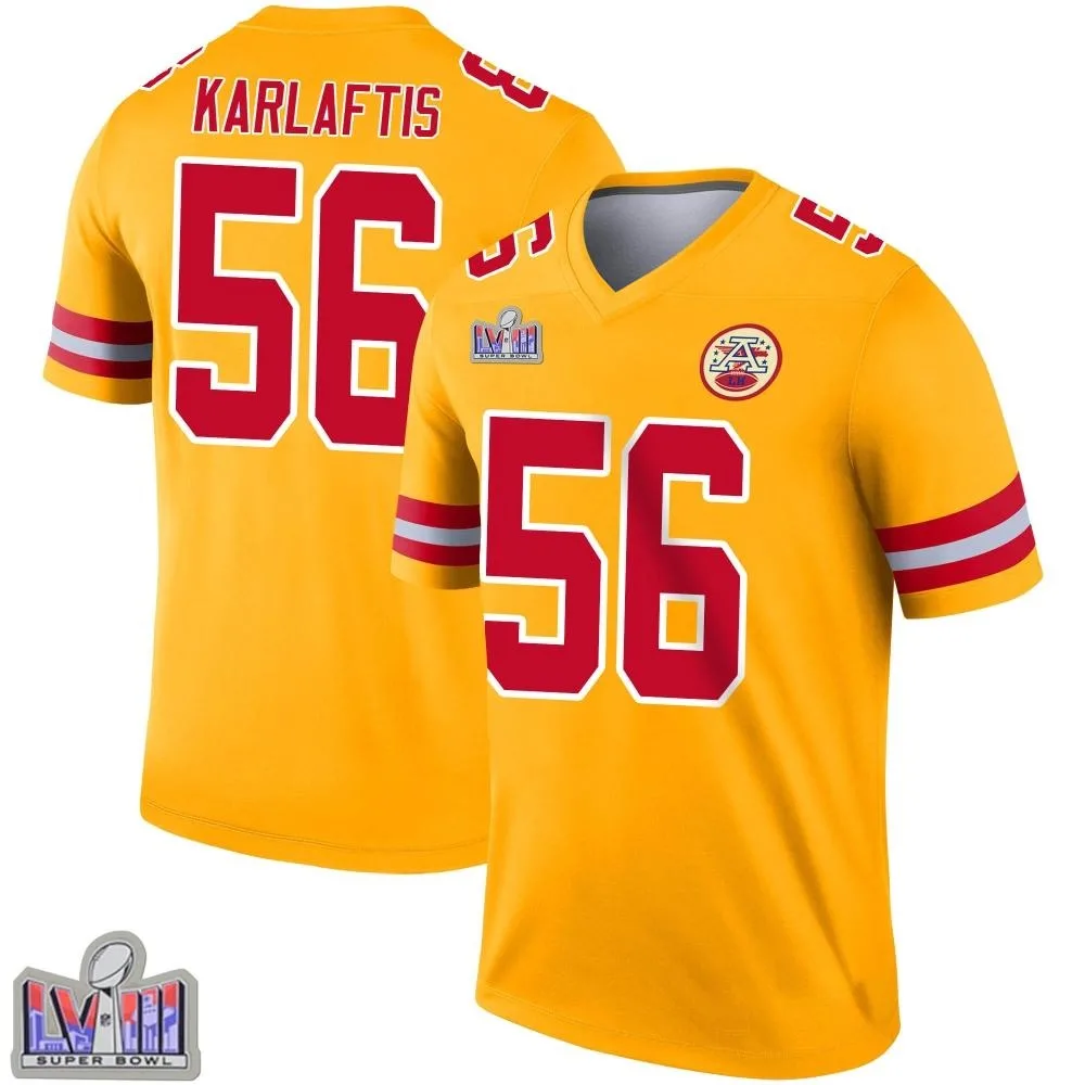 Men's Kansas City Chiefs George Karlaftis Nike Inverted Super Bowl LVIII Patch Legend Gold Jersey Men's Kansas City Chiefs George Karlaftis Nike Inverted Super Bowl LVIII Patch Legend Gold Jersey