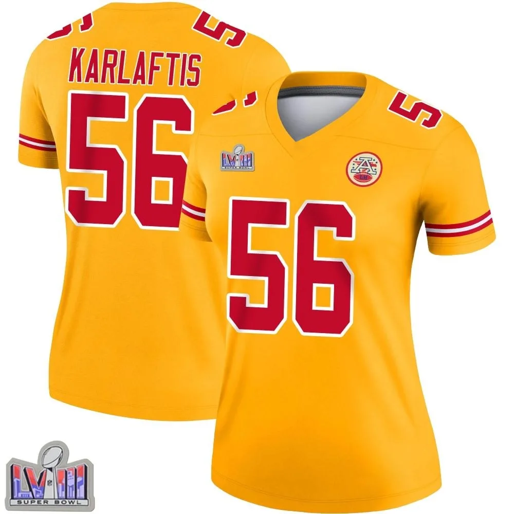 Women's Kansas City Chiefs George Karlaftis Nike Inverted Super Bowl LVIII Patch Legend Gold Jersey Women's Kansas City Chiefs George Karlaftis Nike Inverted Super Bowl LVIII Patch Legend Gold Jersey