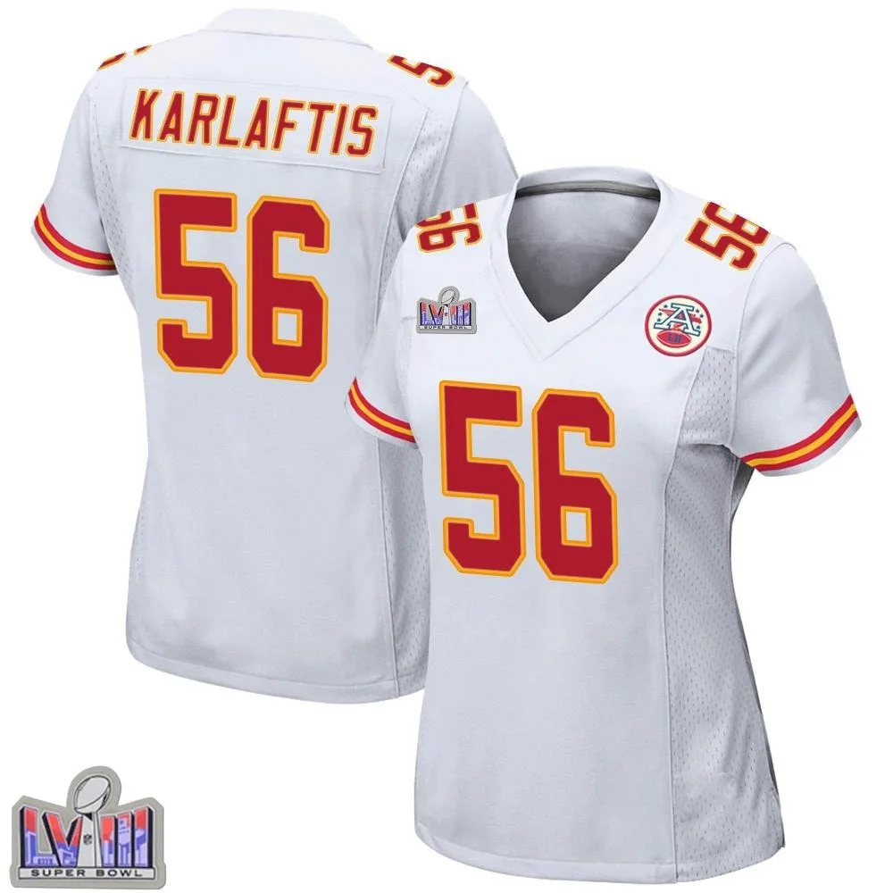 Women's Kansas City Chiefs George Karlaftis Nike Super Bowl LVIII Patch Game White Jersey Women's Kansas City Chiefs George Karlaftis Nike Super Bowl LVIII Patch Game White Jersey