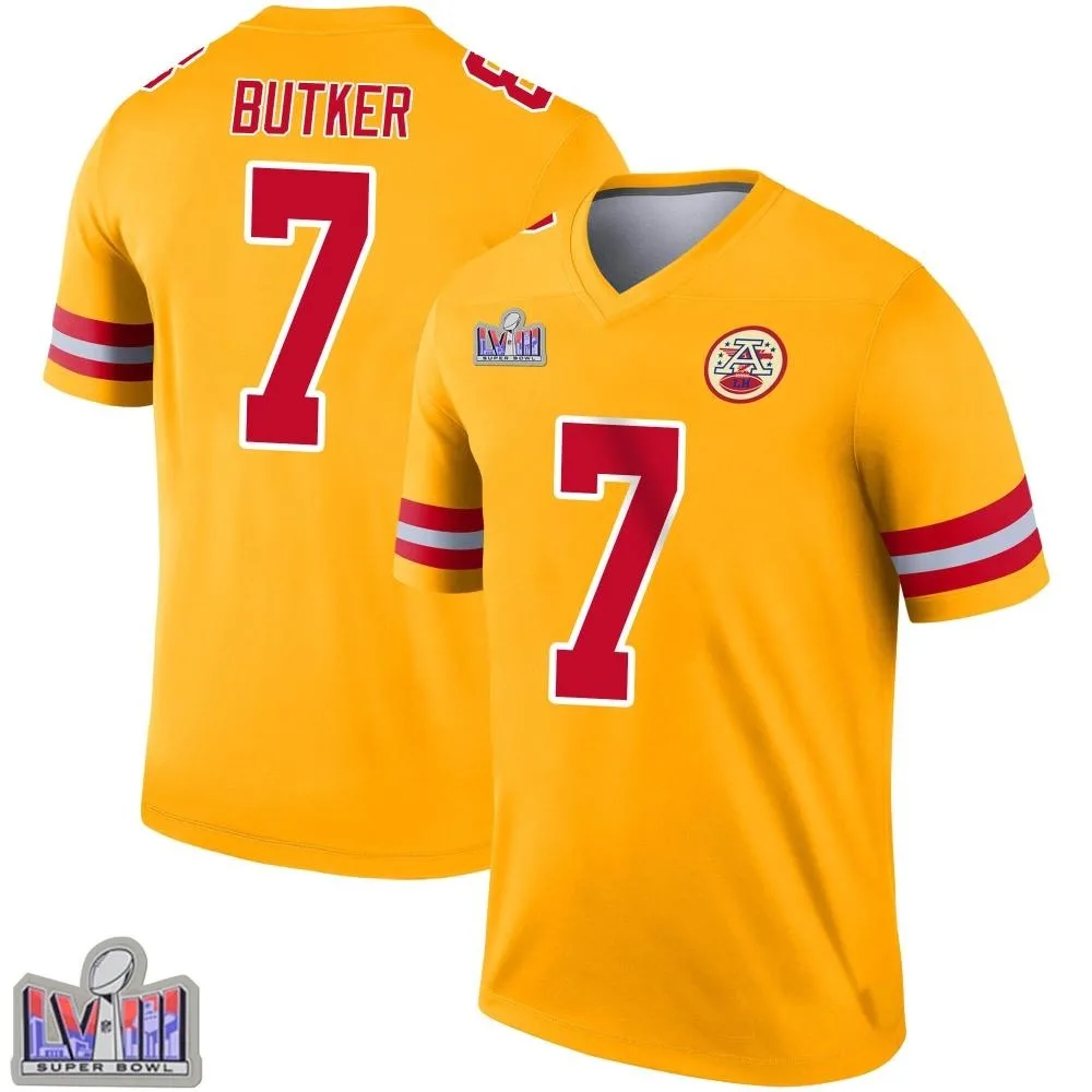 Men's Kansas City Chiefs Harrison Butker Nike Inverted Super Bowl LVIII Patch Legend Gold Jersey Men's Kansas City Chiefs Harrison Butker Nike Inverted Super Bowl LVIII Patch Legend Gold Jersey