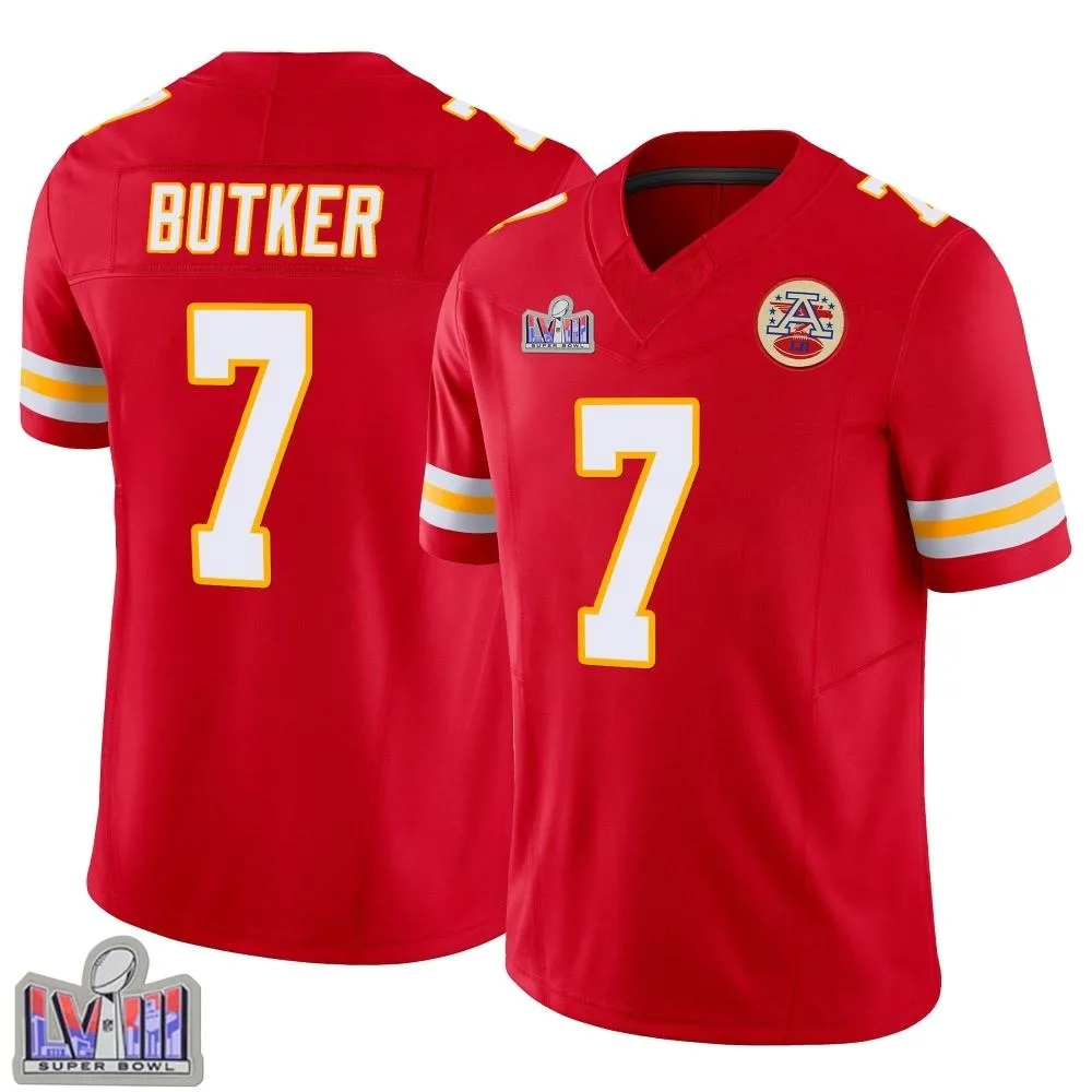 Men's Kansas City Chiefs Harrison Butker Nike Vapor F.U.S.E. Super Bowl LVIII Patch Limited Red Jersey Men's Kansas City Chiefs Harrison Butker Nike Vapor F.U.S.E. Super Bowl LVIII Patch Limited Red Jersey