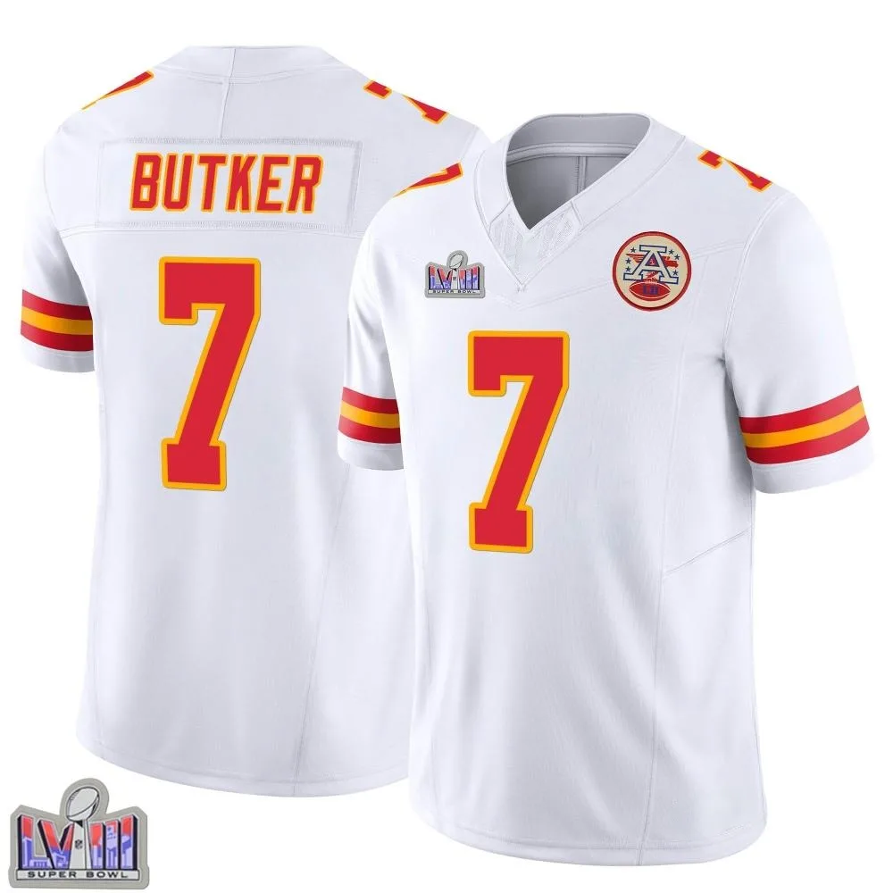 Men's Kansas City Chiefs Harrison Butker Nike Vapor F.U.S.E. Super Bowl LVIII Patch Limited White Jersey Men's Kansas City Chiefs Harrison Butker Nike Vapor F.U.S.E. Super Bowl LVIII Patch Limited White Jersey