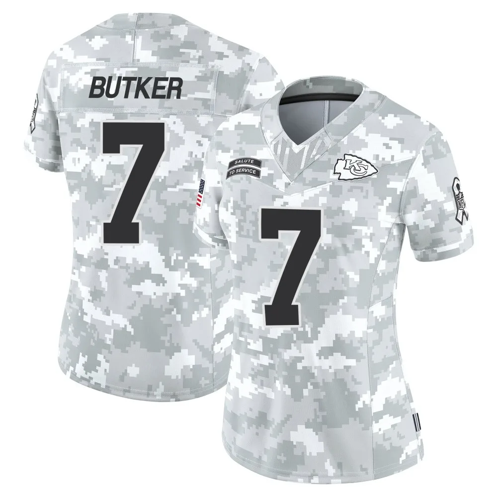 Women's Kansas City Chiefs Harrison Butker Nike 2024 Salute to Service Limited Arctic Camo Jersey Women's Kansas City Chiefs Harrison Butker Nike 2024 Salute to Service Limited Arctic Camo Jersey