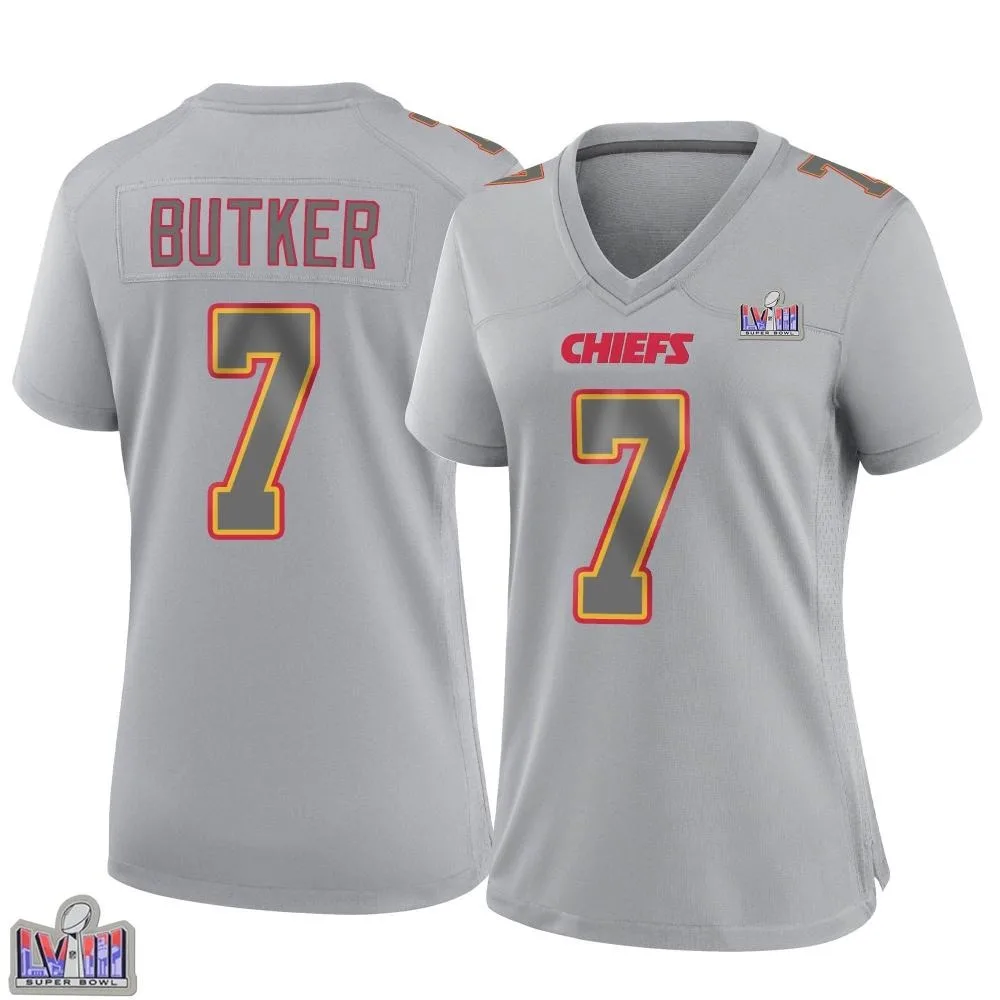 Women's Kansas City Chiefs Harrison Butker Nike Atmosphere Fashion Super Bowl LVIII Patch Game Gray Jersey Women's Kansas City Chiefs Harrison Butker Nike Atmosphere Fashion Super Bowl LVIII Patch Game Gray Jersey