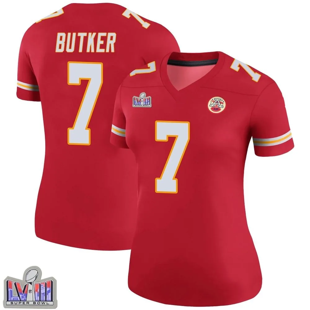 Women's Kansas City Chiefs Harrison Butker Nike Color Rush Super Bowl LVIII Patch Legend Red Jersey Women's Kansas City Chiefs Harrison Butker Nike Color Rush Super Bowl LVIII Patch Legend Red Jersey