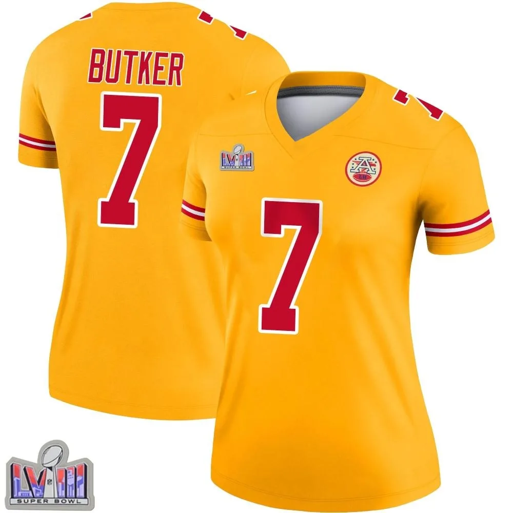 Women's Kansas City Chiefs Harrison Butker Nike Inverted Super Bowl LVIII Patch Legend Gold Jersey Women's Kansas City Chiefs Harrison Butker Nike Inverted Super Bowl LVIII Patch Legend Gold Jersey
