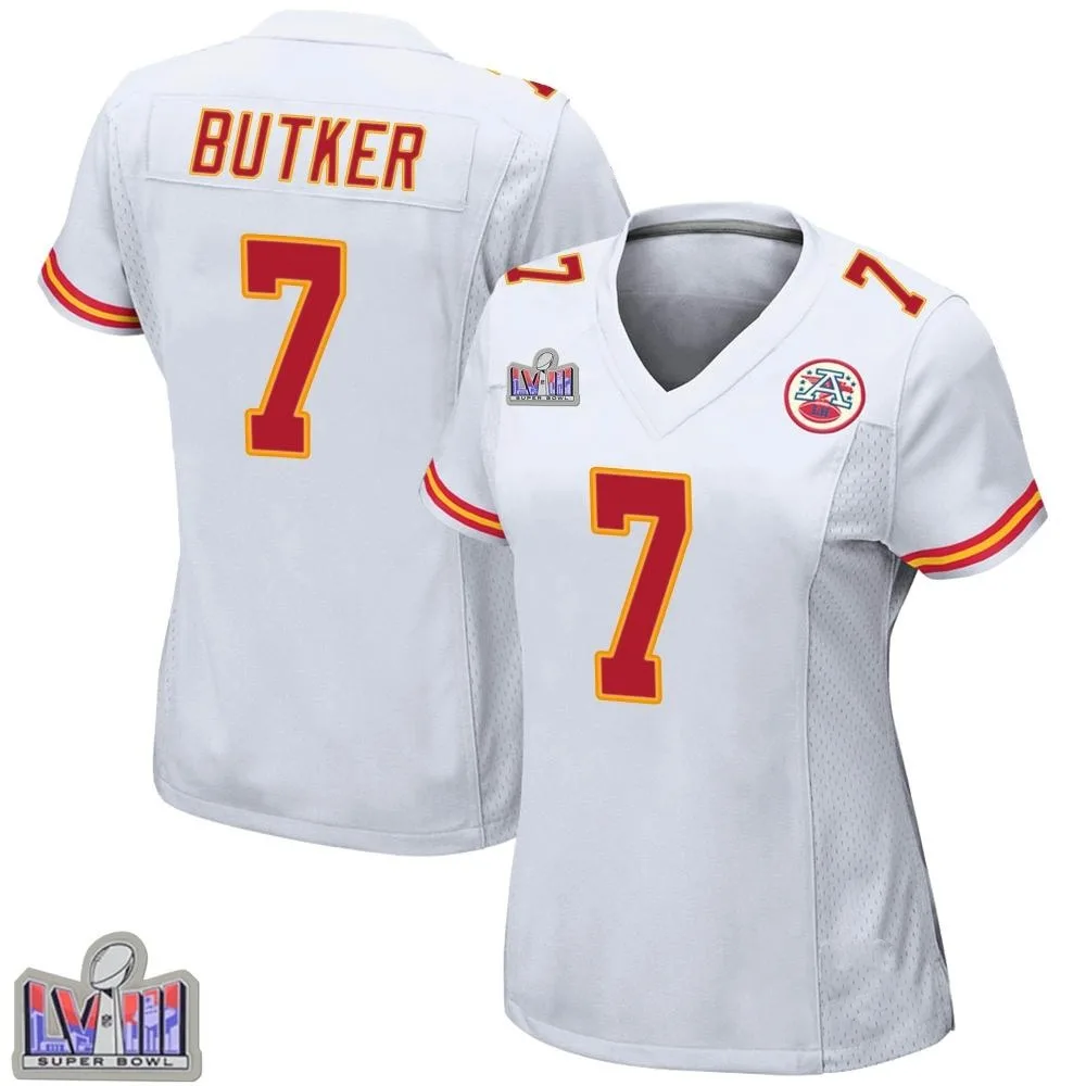 Women's Kansas City Chiefs Harrison Butker Nike Super Bowl LVIII Patch Game White Jersey Women's Kansas City Chiefs Harrison Butker Nike Super Bowl LVIII Patch Game White Jersey