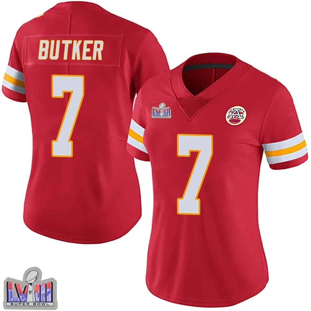 Women's Kansas City Chiefs Harrison Butker Nike Team Color Vapor Untouchable Super Bowl LVIII Patch Limited Red Jersey Women's Kansas City Chiefs Harrison Butker Nike Team Color Vapor Untouchable Super Bowl LVIII Patch Limited Red Jersey