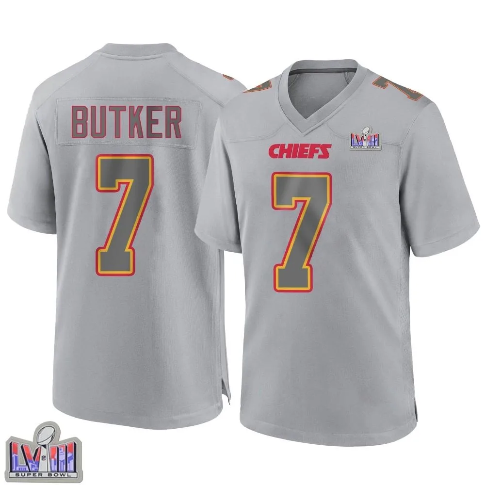 Youth Kansas City Chiefs Harrison Butker Nike Atmosphere Fashion Super Bowl LVIII Patch Game Gray Jersey Youth Kansas City Chiefs Harrison Butker Nike Atmosphere Fashion Super Bowl LVIII Patch Game Gray Jersey