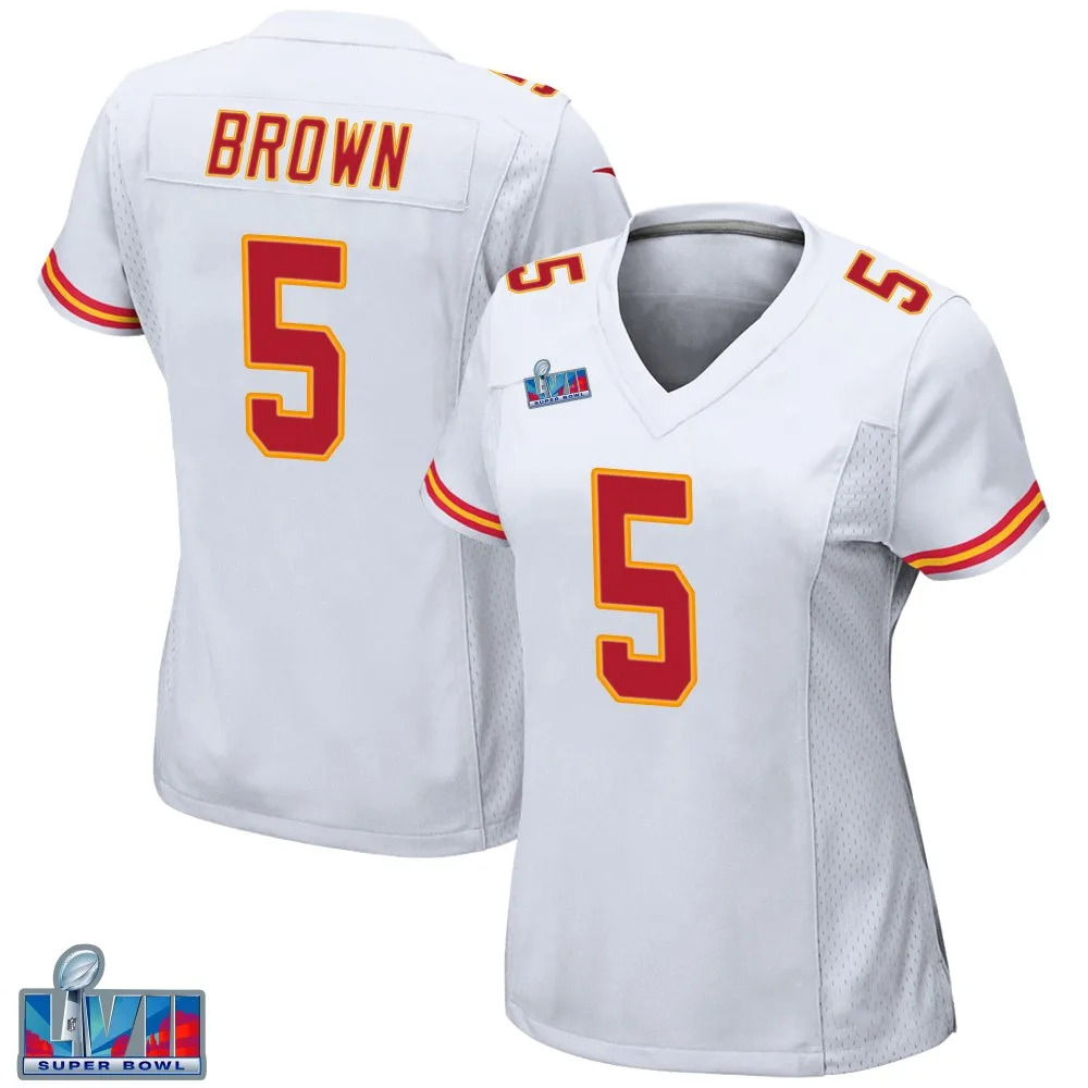 Women's Kansas City Chiefs Hollywood Brown Nike Super Bowl LVII Patch Game White Jersey Women's Kansas City Chiefs Hollywood Brown Nike Super Bowl LVII Patch Game White Jersey