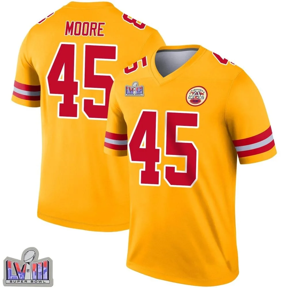 Men's Kansas City Chiefs Isaiah Moore Nike Inverted Super Bowl LVIII Patch Legend Gold Jersey Men's Kansas City Chiefs Isaiah Moore Nike Inverted Super Bowl LVIII Patch Legend Gold Jersey