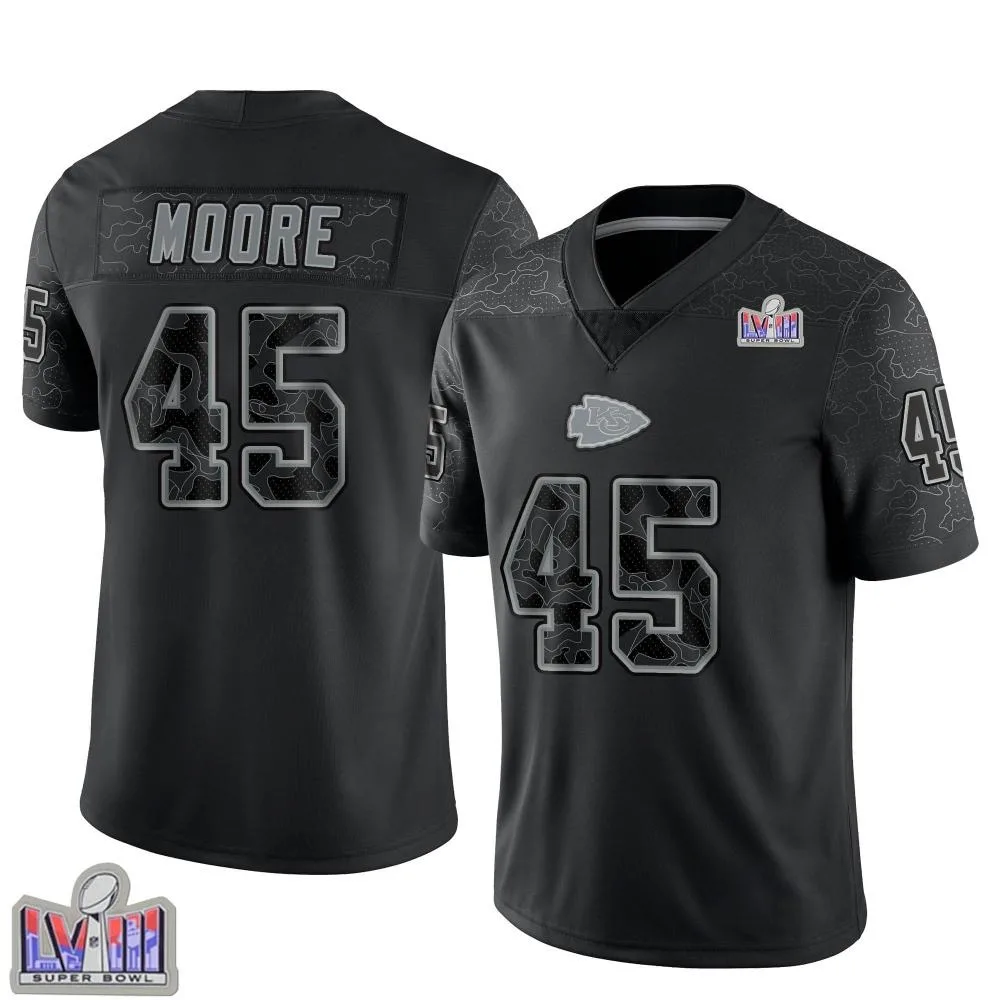 Men's Kansas City Chiefs Isaiah Moore Nike Reflective Super Bowl LVIII Patch Limited Black Jersey Men's Kansas City Chiefs Isaiah Moore Nike Reflective Super Bowl LVIII Patch Limited Black Jersey