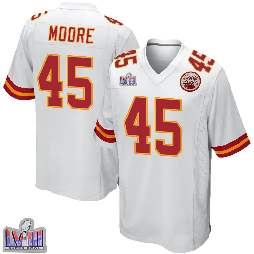 Men's Kansas City Chiefs Isaiah Moore Nike Super Bowl LVIII Patch Game White Jersey Men's Kansas City Chiefs Isaiah Moore Nike Super Bowl LVIII Patch Game White Jersey