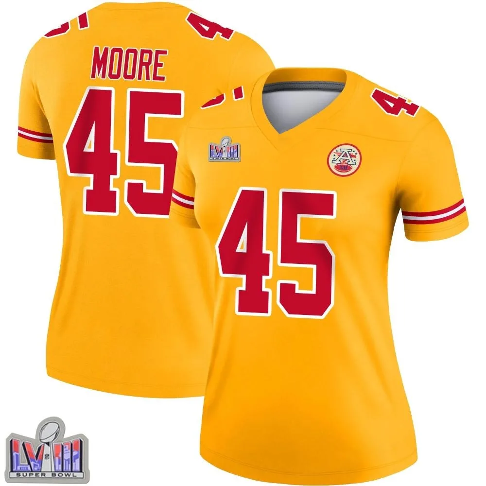Women's Kansas City Chiefs Isaiah Moore Nike Inverted Super Bowl LVIII Patch Legend Gold Jersey Women's Kansas City Chiefs Isaiah Moore Nike Inverted Super Bowl LVIII Patch Legend Gold Jersey