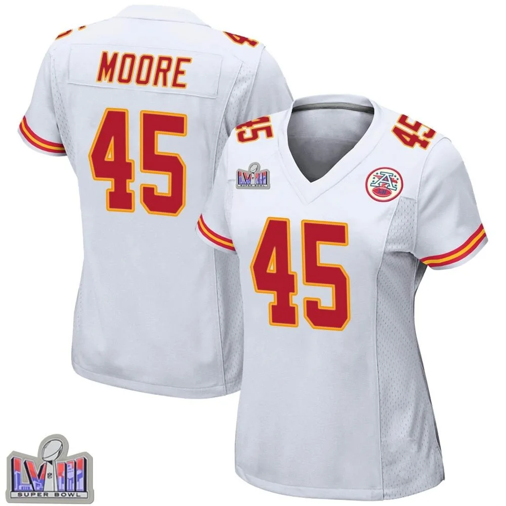 Women's Kansas City Chiefs Isaiah Moore Nike Super Bowl LVIII Patch Game White Jersey Women's Kansas City Chiefs Isaiah Moore Nike Super Bowl LVIII Patch Game White Jersey