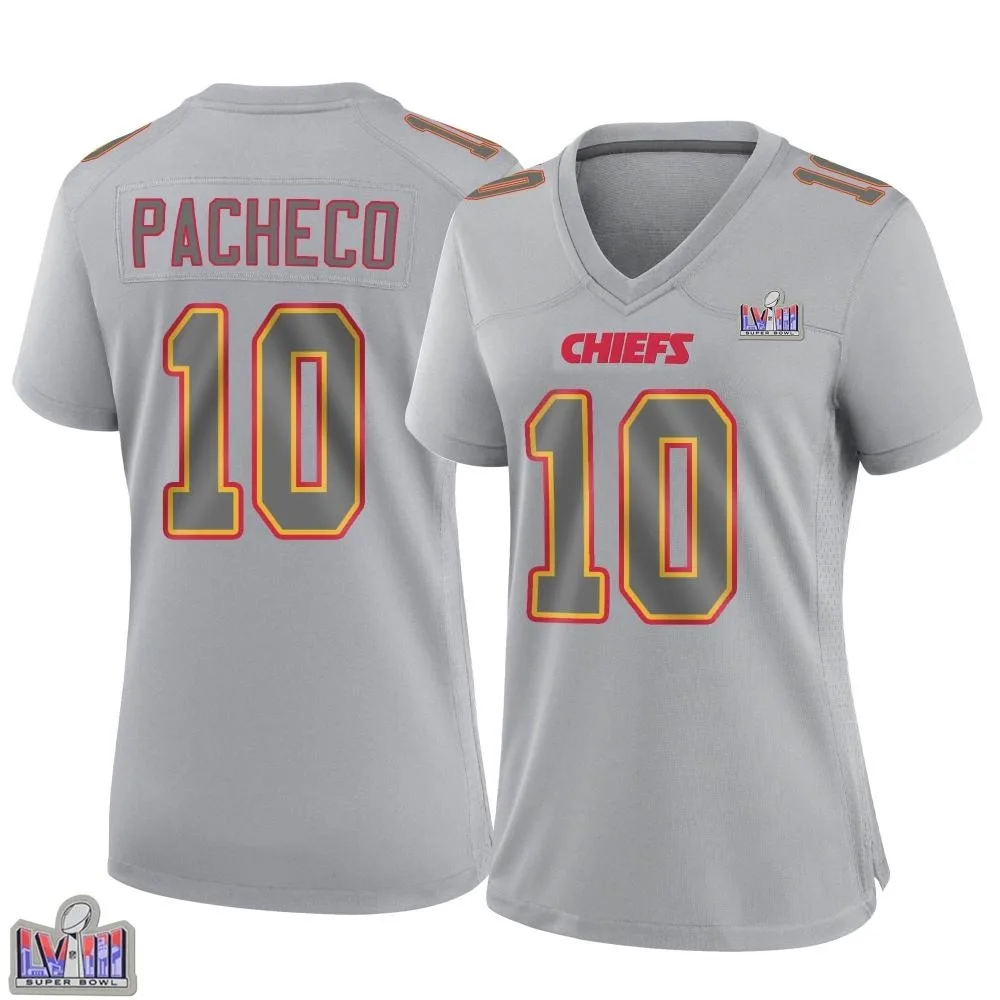 Women's Kansas City Chiefs Isiah Pacheco Nike Atmosphere Fashion Super Bowl LVIII Patch Game Gray Jersey Women's Kansas City Chiefs Isiah Pacheco Nike Atmosphere Fashion Super Bowl LVIII Patch Game Gray Jersey