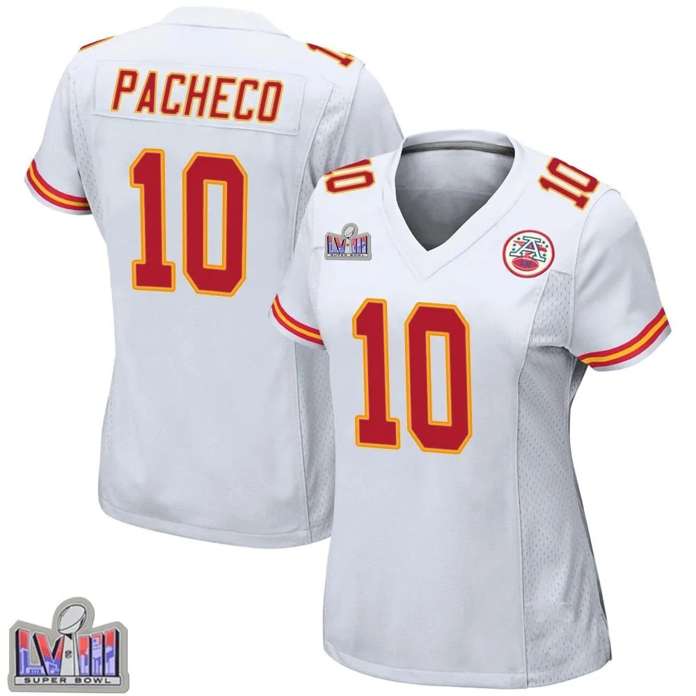 Women's Kansas City Chiefs Isiah Pacheco Nike Super Bowl LVIII Patch Game White Jersey Women's Kansas City Chiefs Isiah Pacheco Nike Super Bowl LVIII Patch Game White Jersey