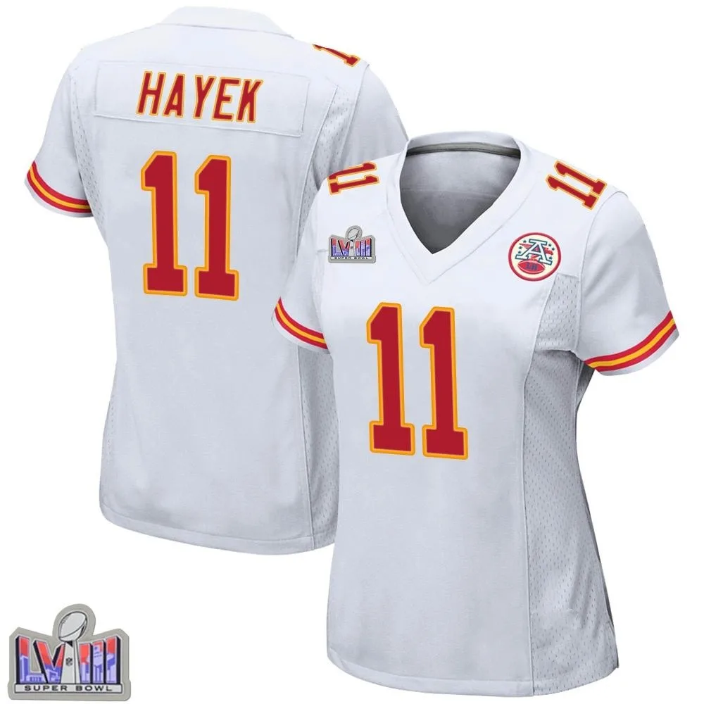 Women's Kansas City Chiefs Jaaron Hayek Nike Super Bowl LVIII Patch Game White Jersey Women's Kansas City Chiefs Jaaron Hayek Nike Super Bowl LVIII Patch Game White Jersey