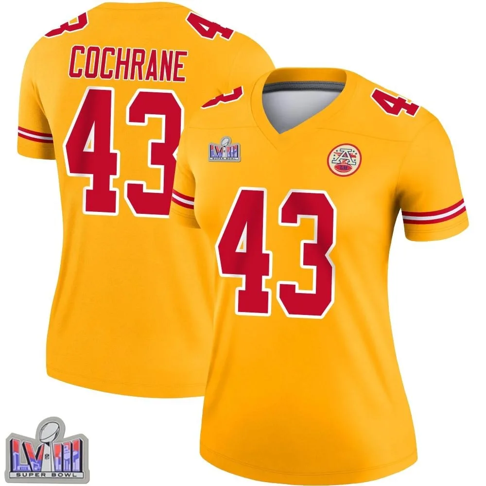 Women's Kansas City Chiefs Jack Cochrane Nike Inverted Super Bowl LVIII Patch Legend Gold Jersey Women's Kansas City Chiefs Jack Cochrane Nike Inverted Super Bowl LVIII Patch Legend Gold Jersey