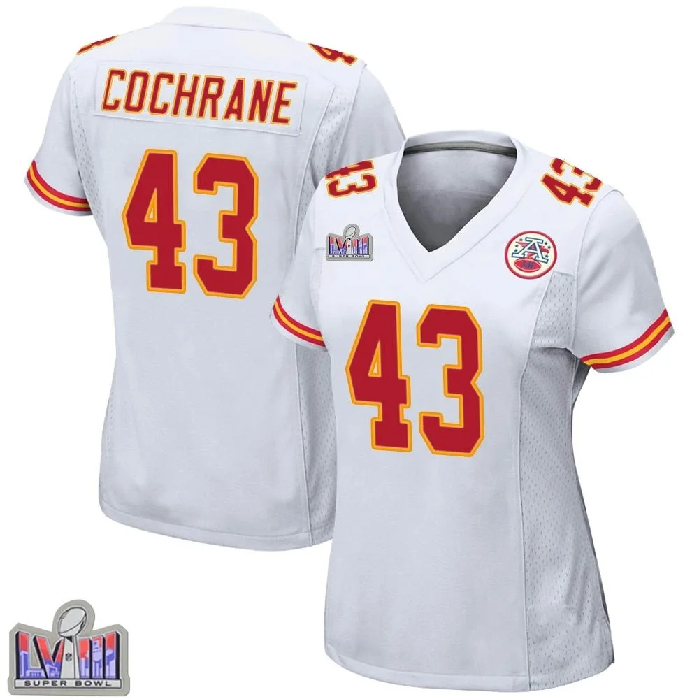 Women's Kansas City Chiefs Jack Cochrane Nike Super Bowl LVIII Patch Game White Jersey Women's Kansas City Chiefs Jack Cochrane Nike Super Bowl LVIII Patch Game White Jersey