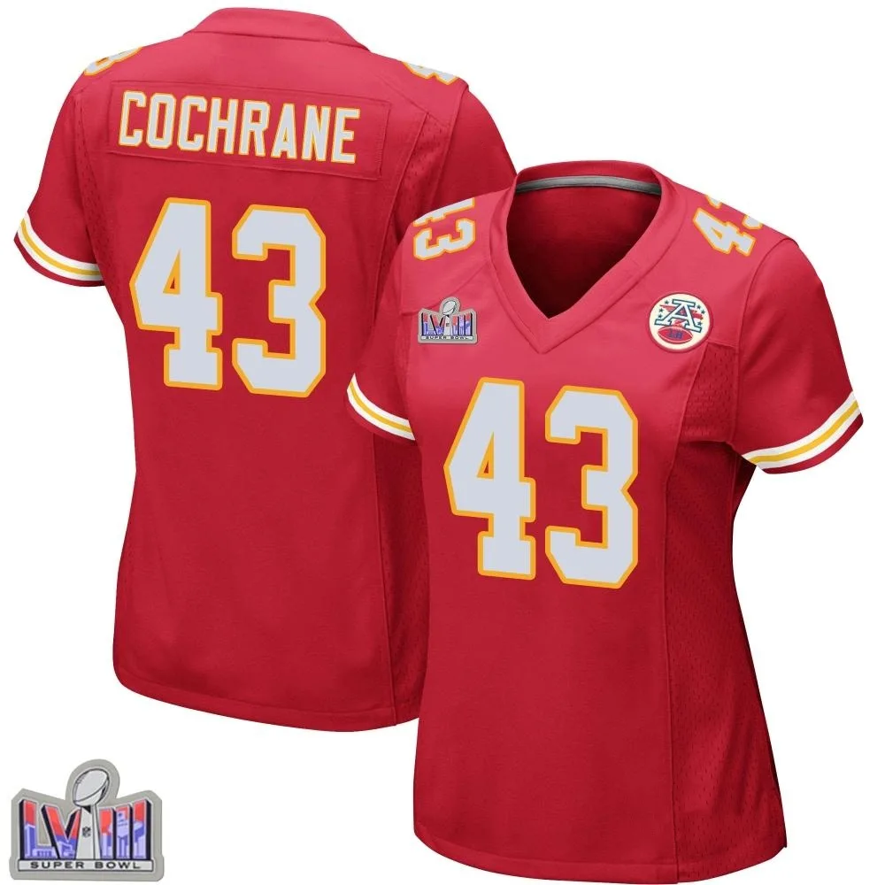 Women's Kansas City Chiefs Jack Cochrane Nike Team Color Super Bowl LVIII Patch Game Red Jersey Women's Kansas City Chiefs Jack Cochrane Nike Team Color Super Bowl LVIII Patch Game Red Jersey