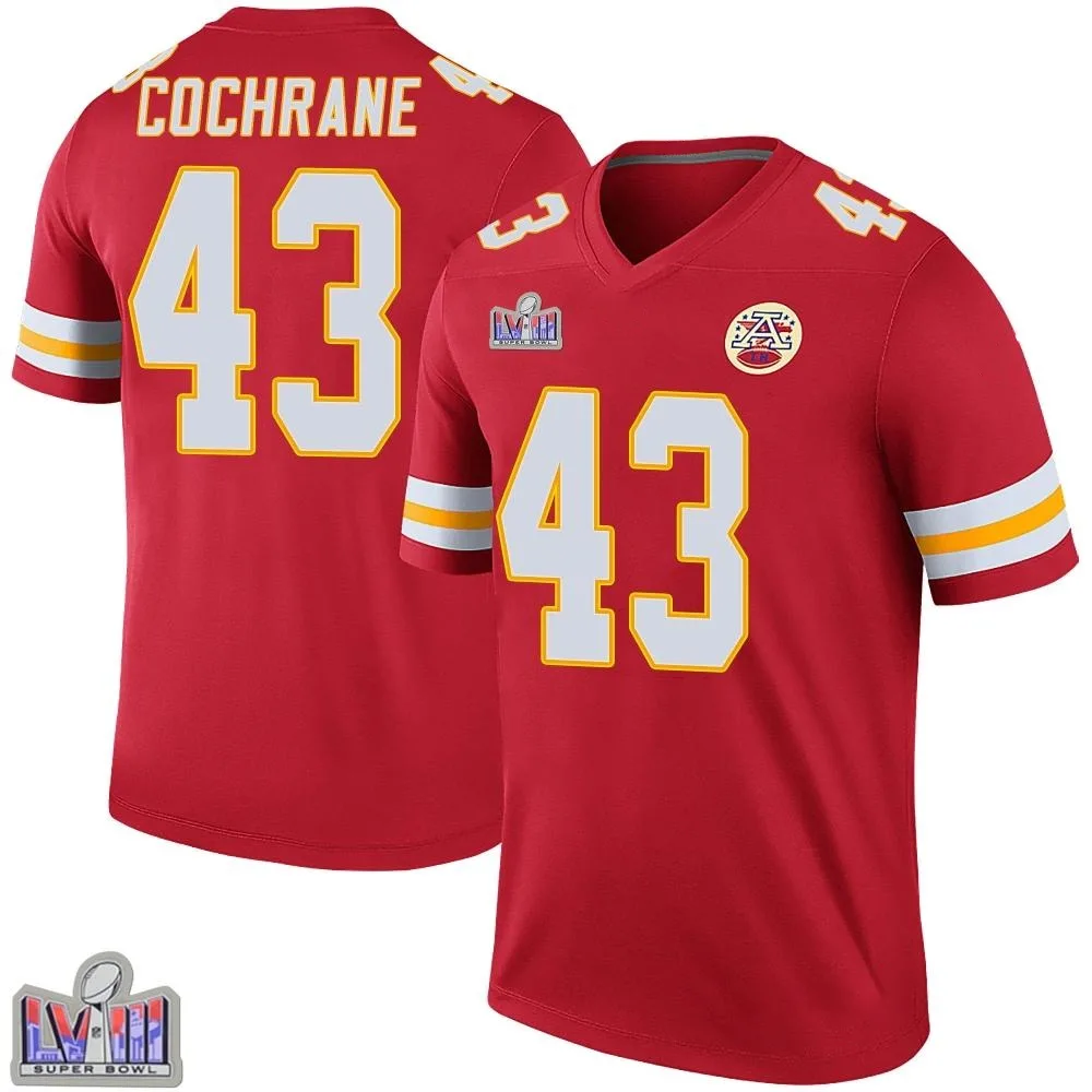 Youth Kansas City Chiefs Jack Cochrane Nike Color Rush Super Bowl LVIII Patch Legend Red Jersey Youth Kansas City Chiefs Jack Cochrane Nike Color Rush Super Bowl LVIII Patch Legend Red Jersey