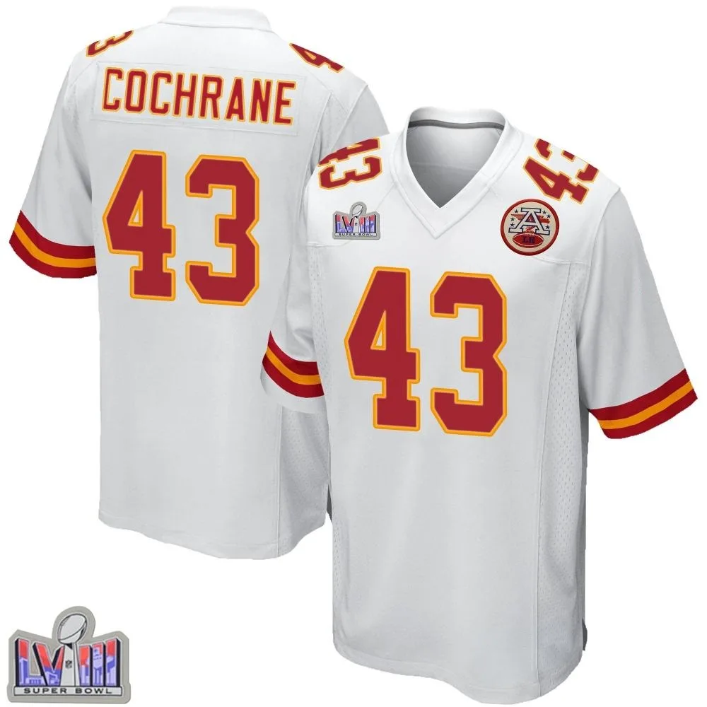 Youth Kansas City Chiefs Jack Cochrane Nike Super Bowl LVIII Patch Game White Jersey Youth Kansas City Chiefs Jack Cochrane Nike Super Bowl LVIII Patch Game White Jersey