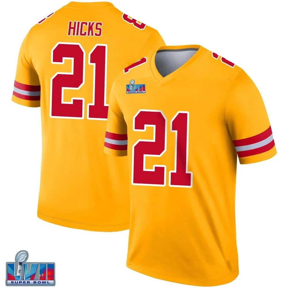 Men's Kansas City Chiefs Jaden Hicks Nike Inverted Super Bowl LVII Patch Legend Gold Jersey Men's Kansas City Chiefs Jaden Hicks Nike Inverted Super Bowl LVII Patch Legend Gold Jersey