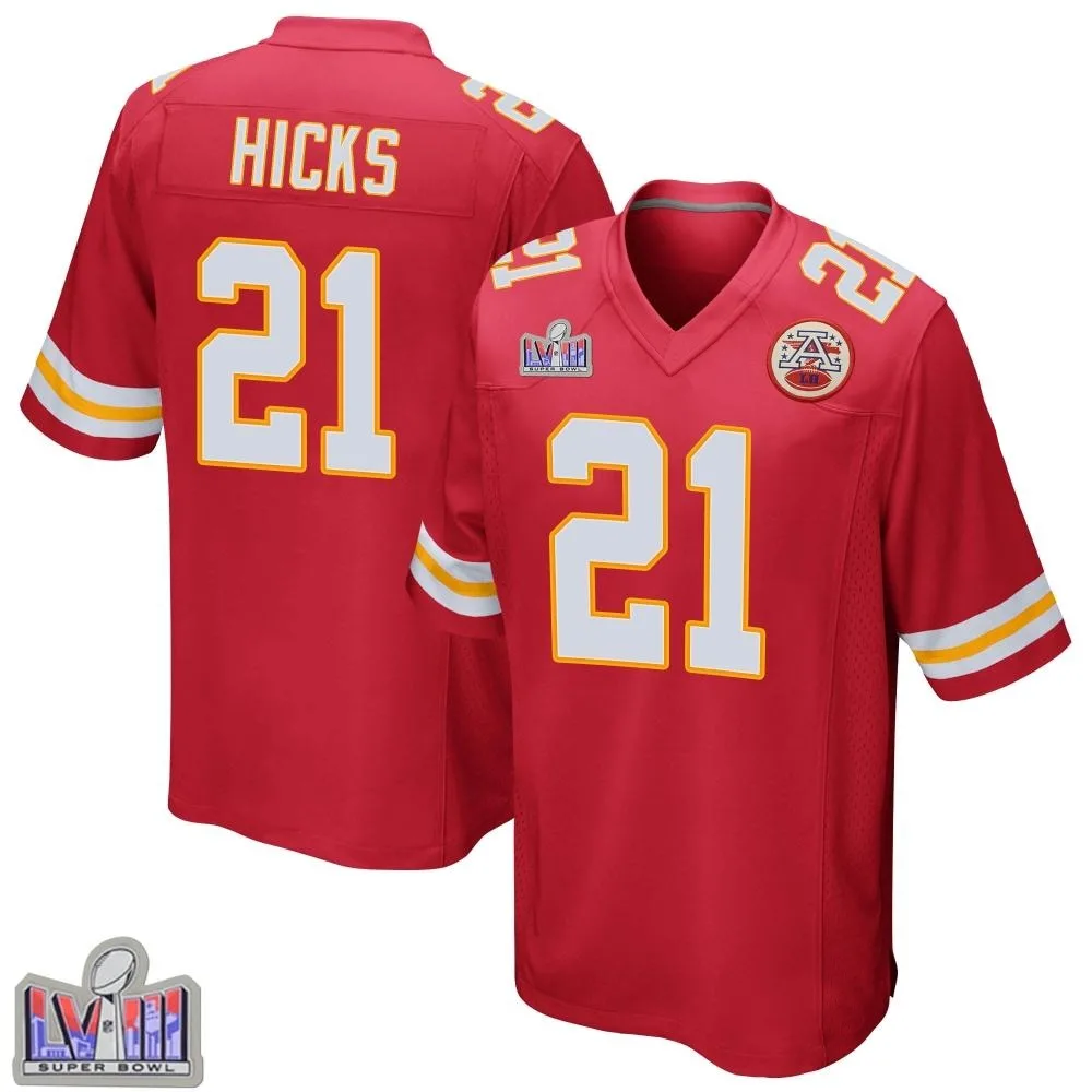 Men's Kansas City Chiefs Jaden Hicks Nike Team Color Super Bowl LVIII Patch Game Red Jersey Men's Kansas City Chiefs Jaden Hicks Nike Team Color Super Bowl LVIII Patch Game Red Jersey