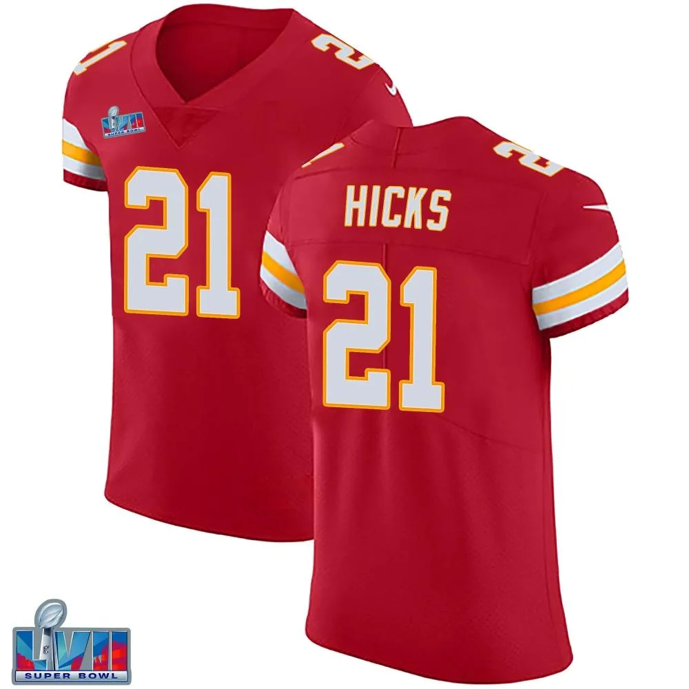 Men's Kansas City Chiefs Jaden Hicks Nike Team Color Vapor Untouchable Super Bowl LVII Patch Elite Red Jersey Men's Kansas City Chiefs Jaden Hicks Nike Team Color Vapor Untouchable Super Bowl LVII Patch Elite Red Jersey