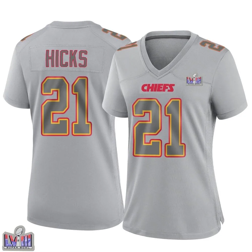 Women's Kansas City Chiefs Jaden Hicks Nike Atmosphere Fashion Super Bowl LVIII Patch Game Gray Jersey Women's Kansas City Chiefs Jaden Hicks Nike Atmosphere Fashion Super Bowl LVIII Patch Game Gray Jersey
